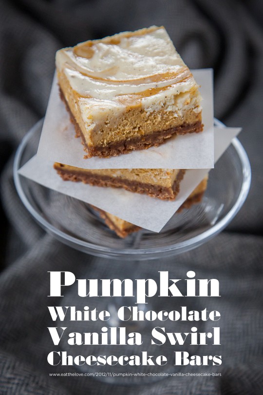 Pumpkin white chocolate vanilla bean marbled cheesecake bars