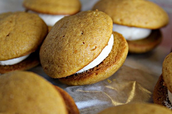 Pumpkin whoopie pies with maple-marshmallow cream filling