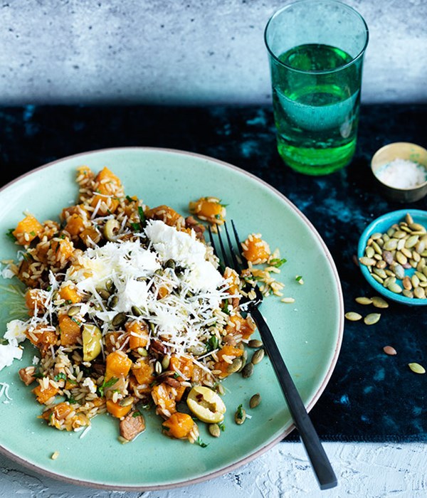 Pumpkin with brown rice and toasted seeds