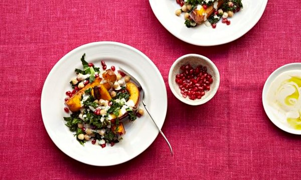 Pumpkin with chickpeas, kale, pomegranate and tahini dressing