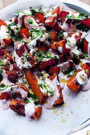 Pumpkin with chilli yoghurt and coriander sauce