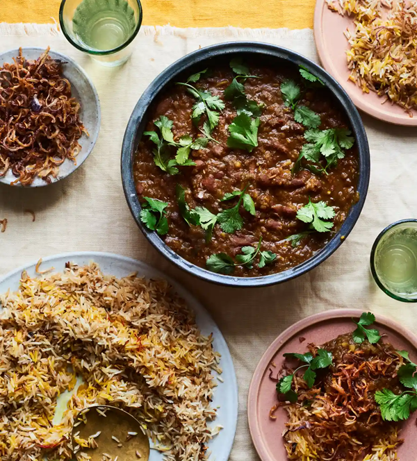 Punjabi rajma with crisp onions and saffron rice