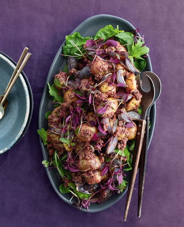 Purple / Waiporoporo: roasted red onion & purple potato salad with black olive dressing