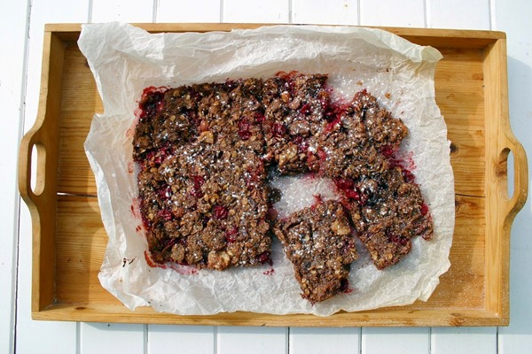 Purple gooseberry cocoa flaxseed crumble flapjack
