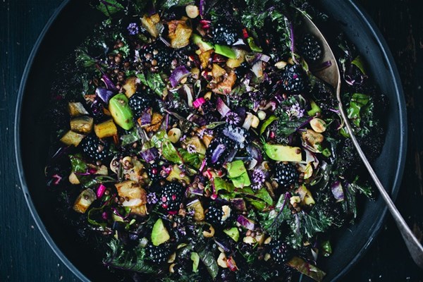 Purple kale, aubergine & blackberry salad
