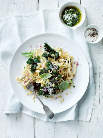 Purple kale pasta with basil pesto