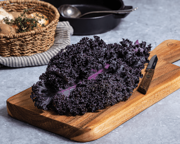 Purple kale, sausage, and white bean soup
