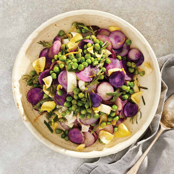 Purple potato salad with peas, dill & tarragon