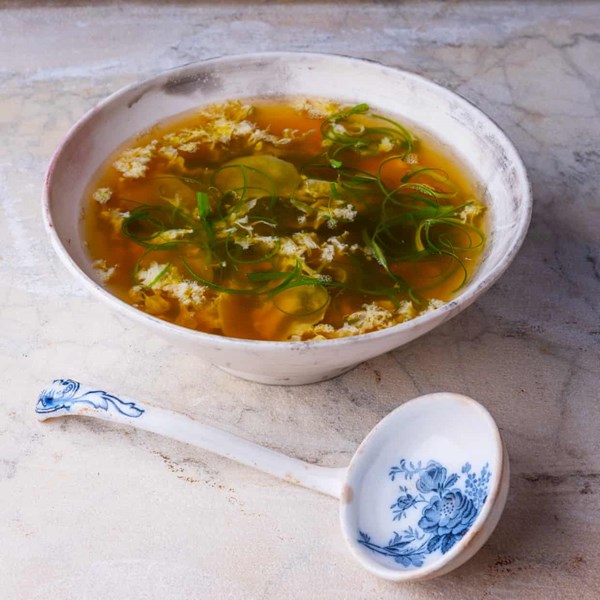 Purple seaweed and egg 'flower' soup