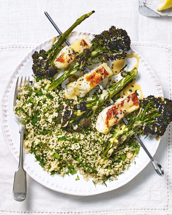 Purple sprouting broccoli and halloumi skewers with honey tahini dressing