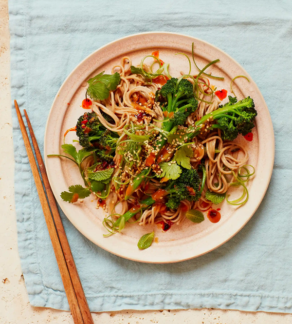 Purple sprouting broccoli and sesame noodles