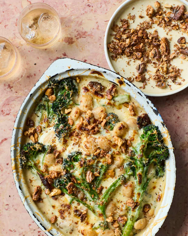Purple sprouting broccoli, bean and walnut bake