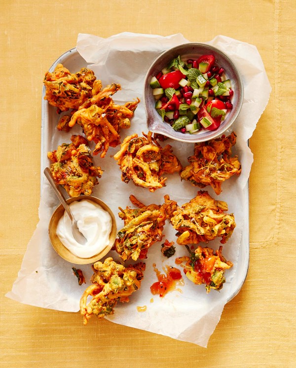 Purple sprouting broccoli bhajis and chopped salad