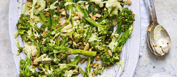 Purple sprouting broccoli, blue cheese and almond salad