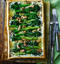 Purple sprouting broccoli blue cheese tart