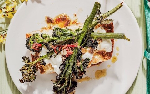 Purple sprouting broccoli, burrata and anchovy on toast