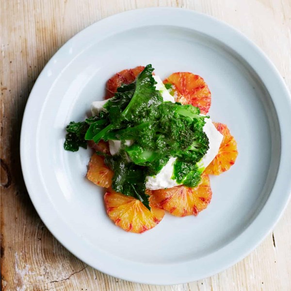 Purple sprouting broccoli, burrata and blood orange
