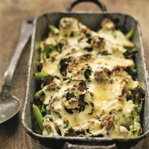 Purple sprouting broccoli gratin