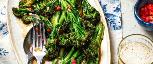 Purple sprouting broccoli in oyster sauce