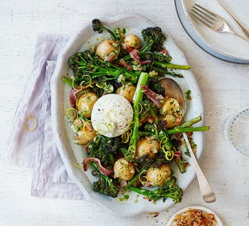 Purple sprouting broccoli, Jersey Royal, burrata & anchovy salad