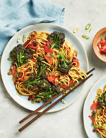 Purple-sprouting broccoli noodle stir-fry