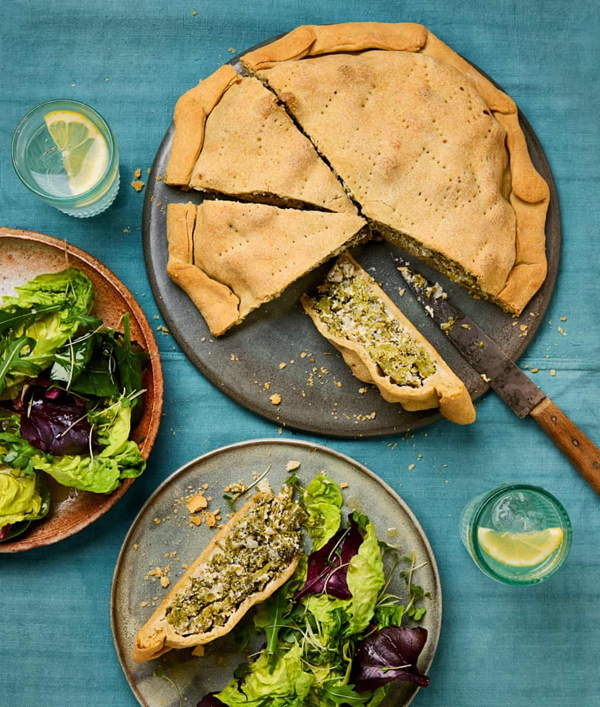 Purple sprouting broccoli, ricotta and lemon pie
