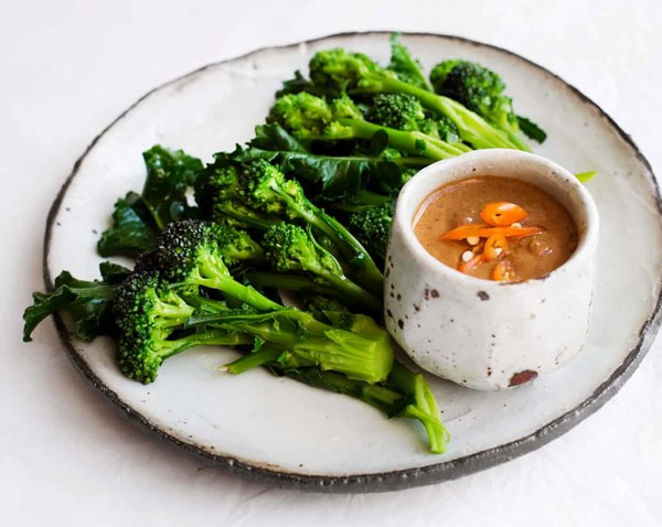 Purple sprouting broccoli, satay dip