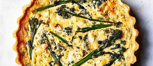 Purple sprouting broccoli, spring onion and goat's cheese tart