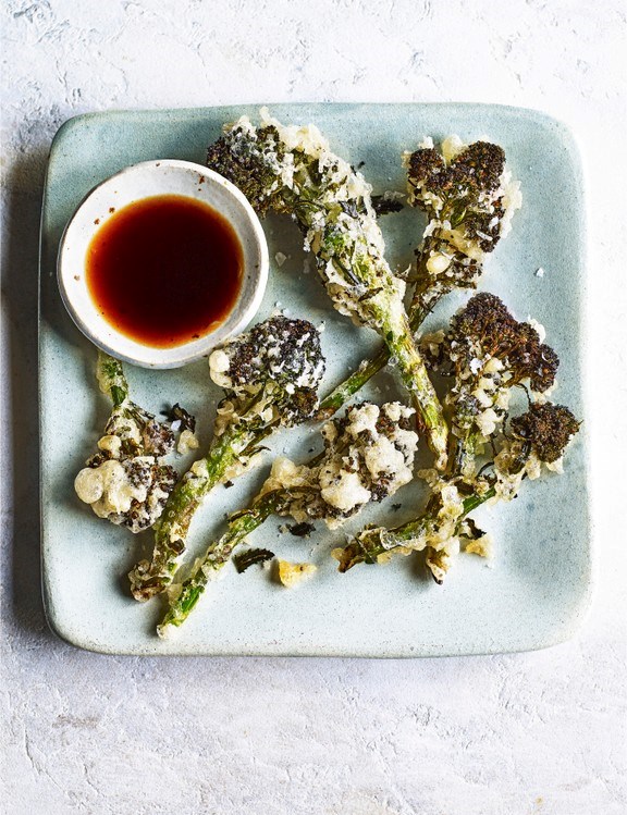 Purple sprouting broccoli tempura with ponzu dipping sauce