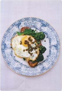 Purple sprouting broccoli with anchoïade & fried egg