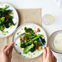 Purple sprouting broccoli with anchovy, sourdough crumb and aioli