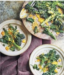 Purple sprouting broccoli with anchovy Hollandaise