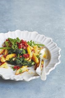 Purple sprouting broccoli with chorizo and potatoes