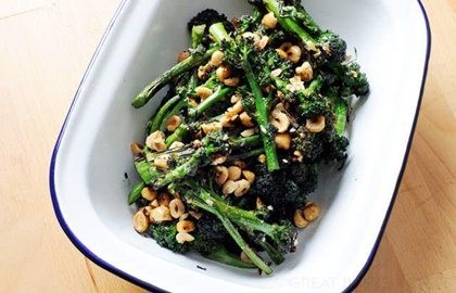 Purple sprouting broccoli with hazelnuts
