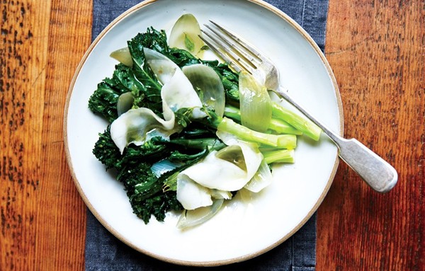 Purple sprouting broccoli with marjoram and lardo