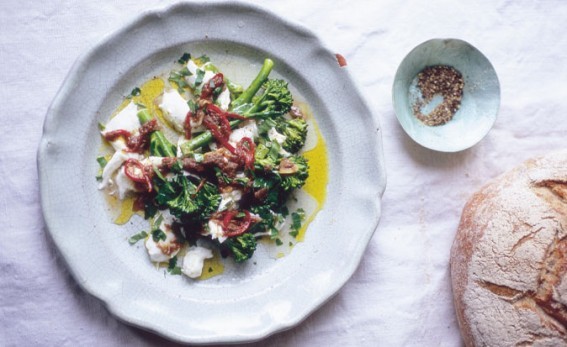 Purple-sprouting broccoli with mozzarella, chilli and anchovies