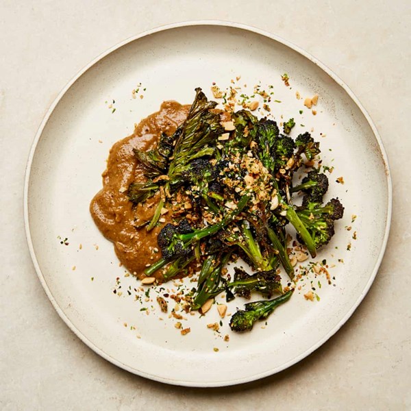 Purple sprouting broccoli with mushroom ketchup