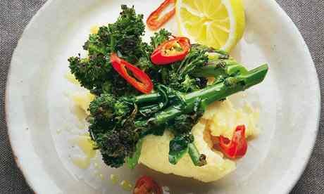 Purple sprouting broccoli with olive oil mash