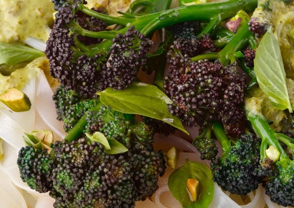 Purple-sprouting broccoli with rice noodles