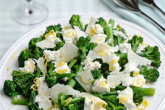Purple-sprouting broccoli with ricotta, lemon, olive oil and Parmesan