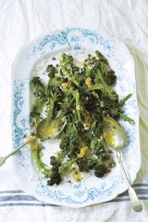 Purple sprouting broccoli with roasted garlic, capers, shallots and anchovies