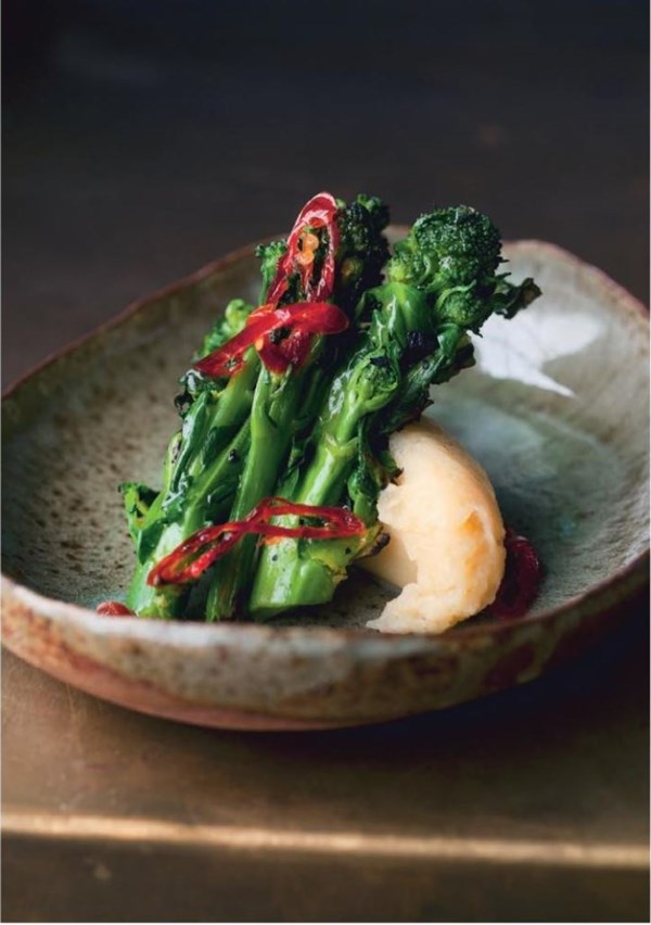 Purple sprouting broccoli with skordalia