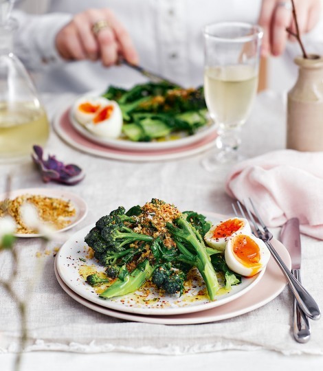 Purple sprouting broccoli with soft-boiled egg and crisp rosemary breadcrumbs