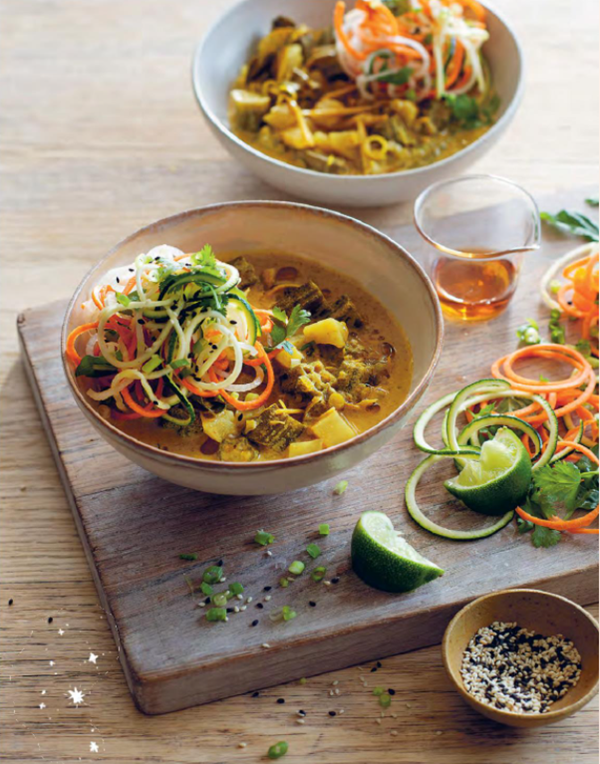 Purple sweet potato and okra laksa with raw noodles