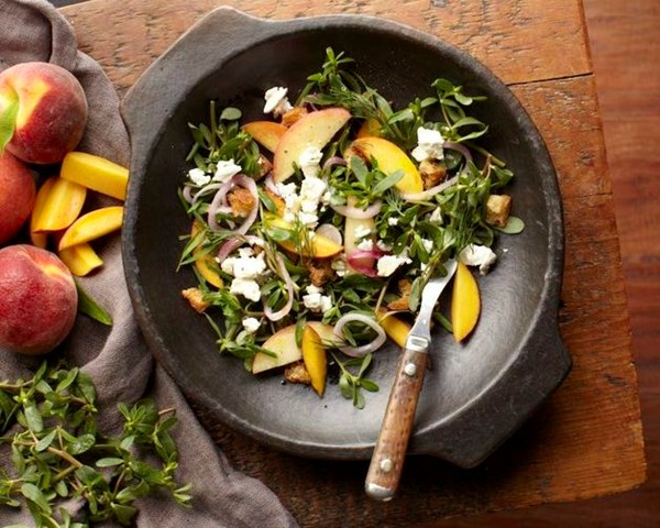Purslane-peach salad with feta and pickled red onions