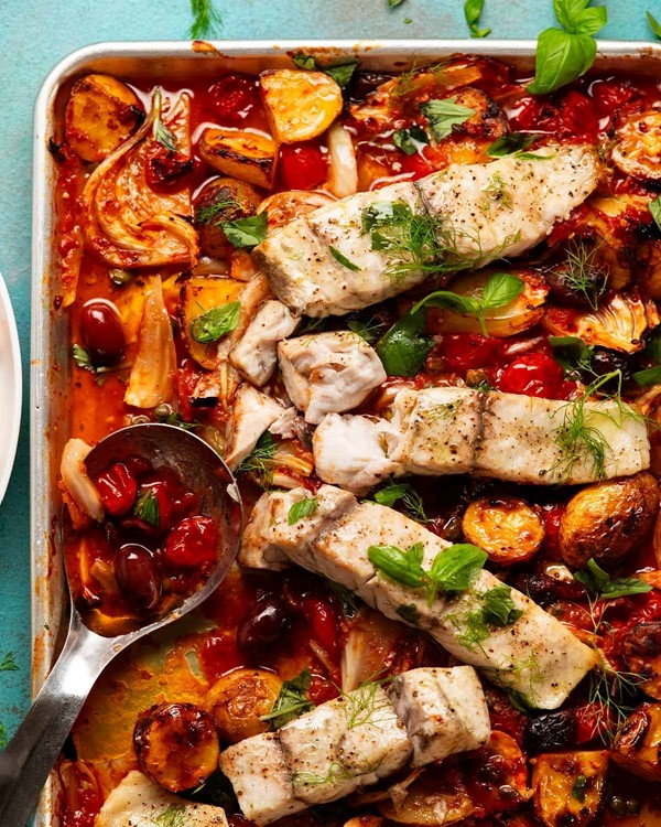 Puttanesca fish tray bake