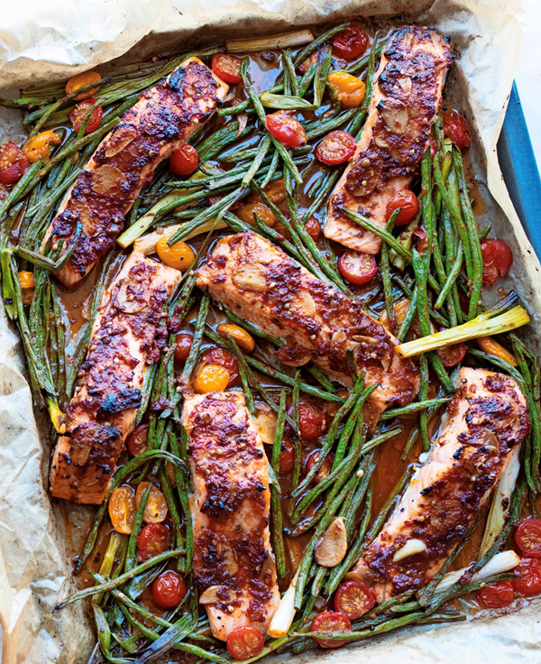 Puttanesca-style salmon traybake