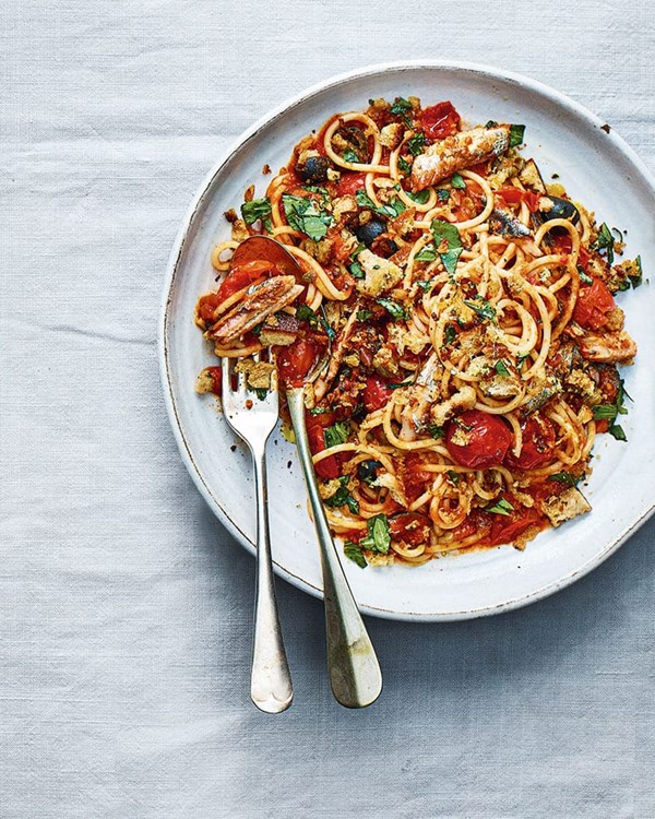 Puttanesca style spaghetti with herby crumb