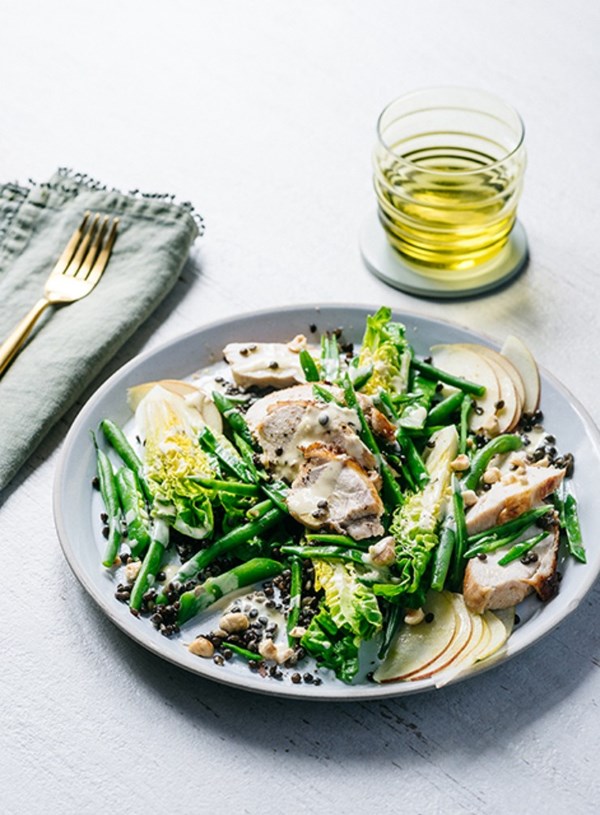 Puy lentil chicken salad with apple and hazelnuts