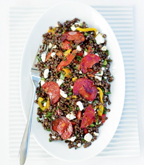 Puy lentil, chorizo and goat's cheese salad